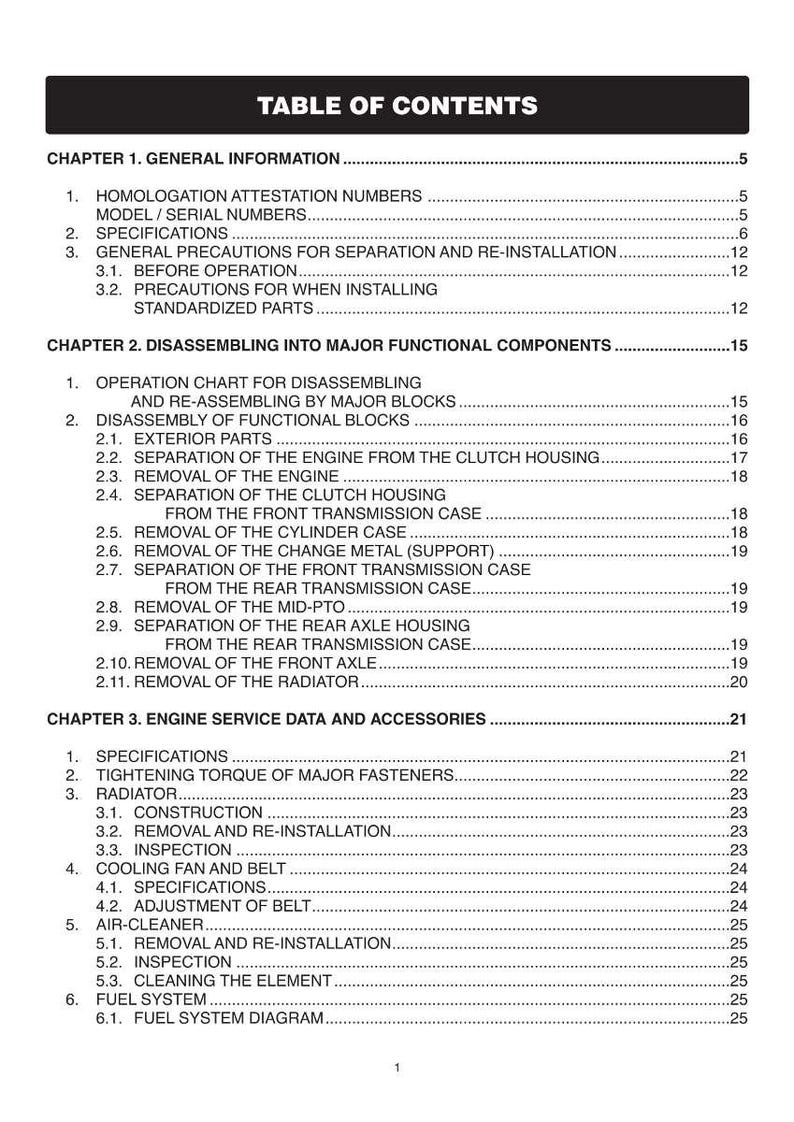 May include: A black and white table of contents page from a manual. The text includes chapter titles, section headings, and page numbers. The document covers topics like engine service data, specifications, and disassembly.