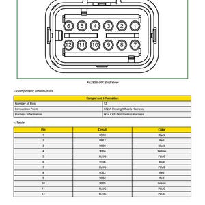Puede incluir: Diagrama de un conector el&eacute;ctrico con 12 pines, numerados del 1 al 12. El diagrama incluye una tabla que detalla los circuitos y colores de los pines, como negro, rojo y amarillo. El texto en la parte superior dice "A62856-UN: End View."