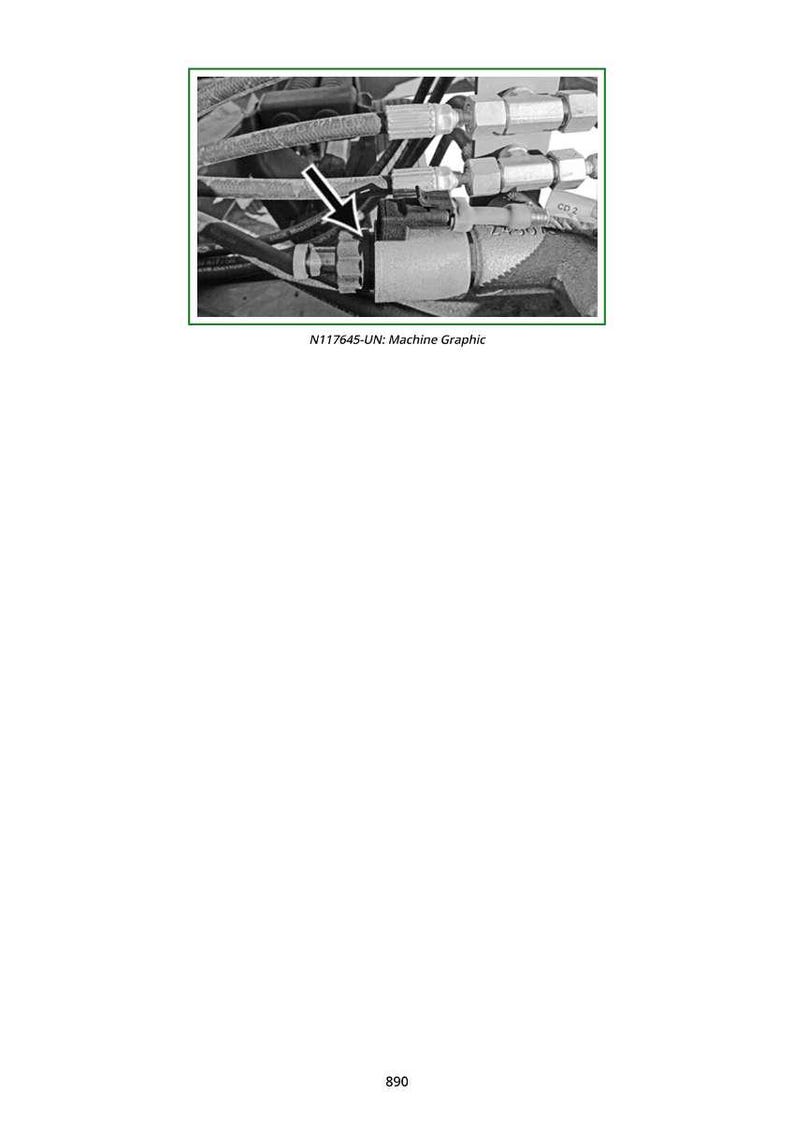 May include: A machine graphic showing a close-up of a mechanical component. The component is composed of various metal tubes and fittings, with a black connector and a white arrow pointing to it. The text "N117645-UN: Machine Graphic" is below the image.