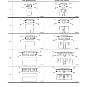 K&ouml;nnte beinhalten: Eine technische Zeichnung mit dem Titel "VERBINDUNGSTABELLE F&Uuml;R STECERVERBINDUNGS-PIN-NUMMERN" mit Steckergeh&auml;usen f&uuml;r Stecker und Buchsen. Das Diagramm zeigt Pin-Konfigurationen f&uuml;r 5, 9, 13, 17 und 21 Pins.