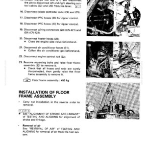 May include: A technical diagram with instructions for disassembly and assembly, including steps for disconnecting hoses, rods, and wiring. The diagram includes illustrations and a note about the floor frame assembly weight of 450 kg.