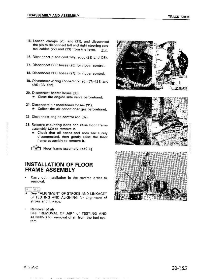 May include: A technical diagram with instructions for disassembly and assembly, including steps for disconnecting hoses, rods, and wiring. The diagram includes illustrations and a note about the floor frame assembly weight of 450 kg.