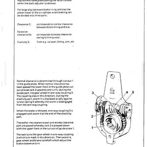 May include: Technical diagram of an automatic slack adjuster, with labels for components like the cut-out in guide plate, rack, one-way coupling, worm, and compression spring. The diagram includes text explaining the function and structure of the mechanism.