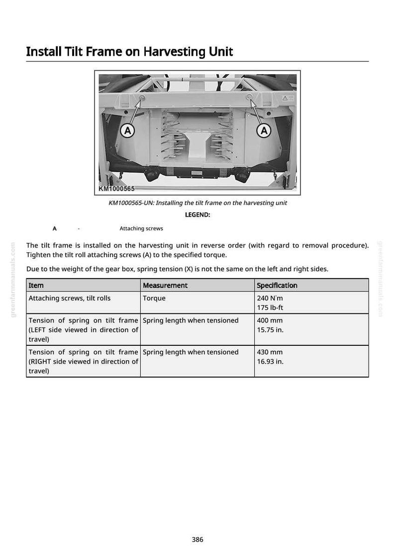 May include: Diagram illustrating the installation of a tilt frame on a harvesting unit. The image includes measurements for torque in lb-ft and spring length in inches. Text provides instructions and specifications for the process.