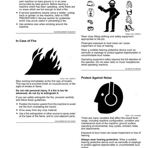 Puede incluir: P&aacute;gina de directrices de seguridad con ilustraciones. Incluye instrucciones sobre el uso de ropa protectora, protecci&oacute;n contra el ruido y seguridad contra incendios. El texto incluye advertencias sobre incendios y exposici&oacute;n al ruido.