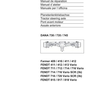 Puede incluir: Documento blanco con el logotipo de Fendt y texto en varios idiomas, incluyendo "Workshopmanual" y "Eje de direcci&oacute;n del tractor". Se muestra un diagrama de un componente de tractor, con n&uacute;meros de modelo.
