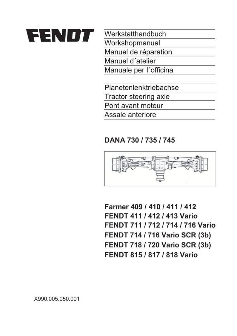 Puede incluir: Documento blanco con el logotipo de Fendt y texto en varios idiomas, incluyendo "Workshopmanual" y "Eje de direcci&oacute;n del tractor". Se muestra un diagrama de un componente de tractor, con n&uacute;meros de modelo.
