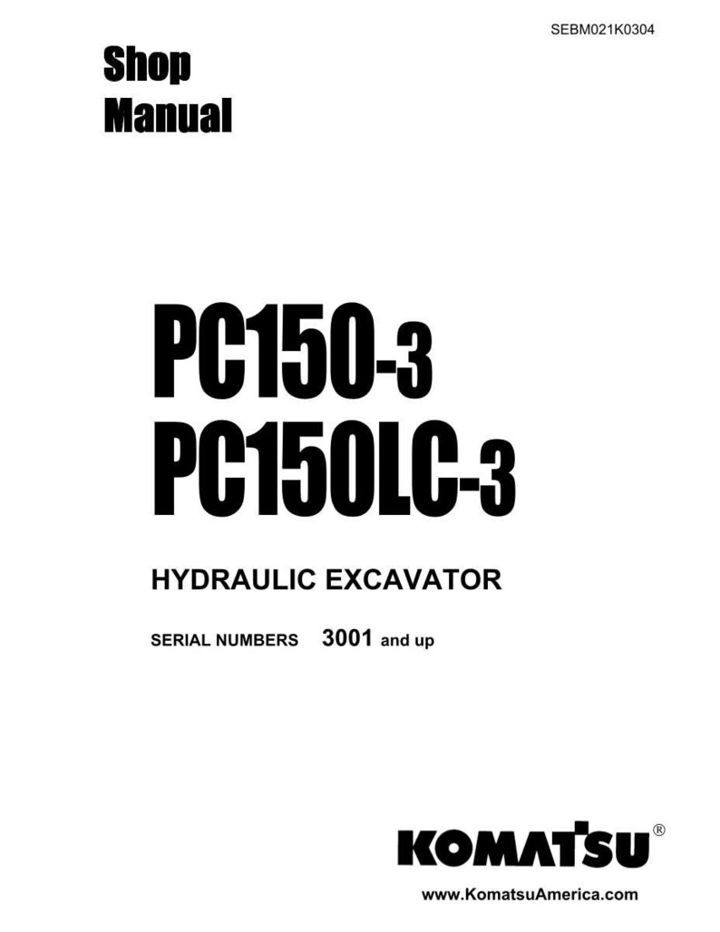 May include: A white shop manual with black text. The manual is for a PC150-3 and PC150LC-3 hydraulic excavator. The serial numbers are 3001 and up. The Komatsu logo is at the bottom.