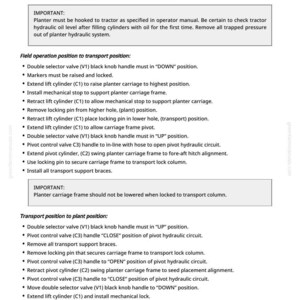 May include: A detailed technical document titled "Transport Raise and Lower Theory of Operation" with instructions for operating agricultural equipment. The document includes diagrams and step-by-step procedures for field and transport positions.