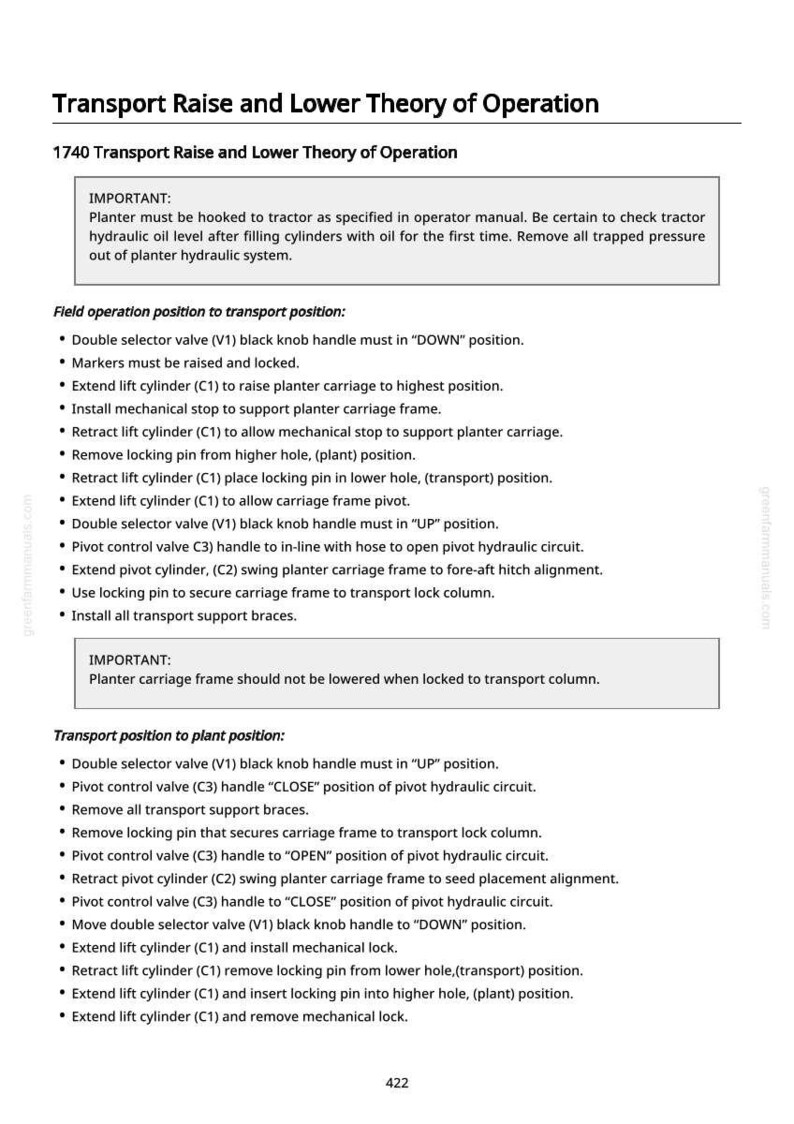 May include: A detailed technical document titled "Transport Raise and Lower Theory of Operation" with instructions for operating agricultural equipment. The document includes diagrams and step-by-step procedures for field and transport positions.