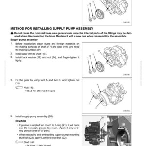 Puede incluir: Diagrama de montaje y desmontaje de una bomba de suministro. Incluye ilustraciones de piezas como tuercas, arandelas y engranajes, con especificaciones de par en Newton metros y kilogramos-metros.