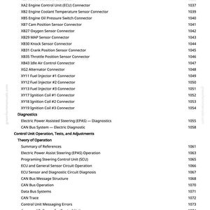 May include: A white page with a list of automotive diagnostic terms and their corresponding page numbers. Terms include connectors, sensors, and diagnostic procedures. The text is in black.