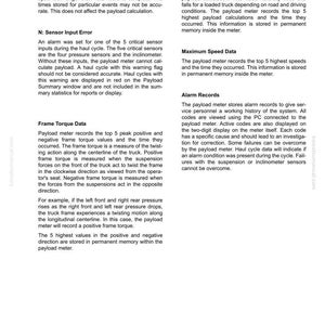 May include: A white document with black text detailing the functions of a payload meter. Sections include haul cycle, sensor input, frame torque, sprung weight, maximum speed, and alarm records. The document is labeled Payload Meter III.