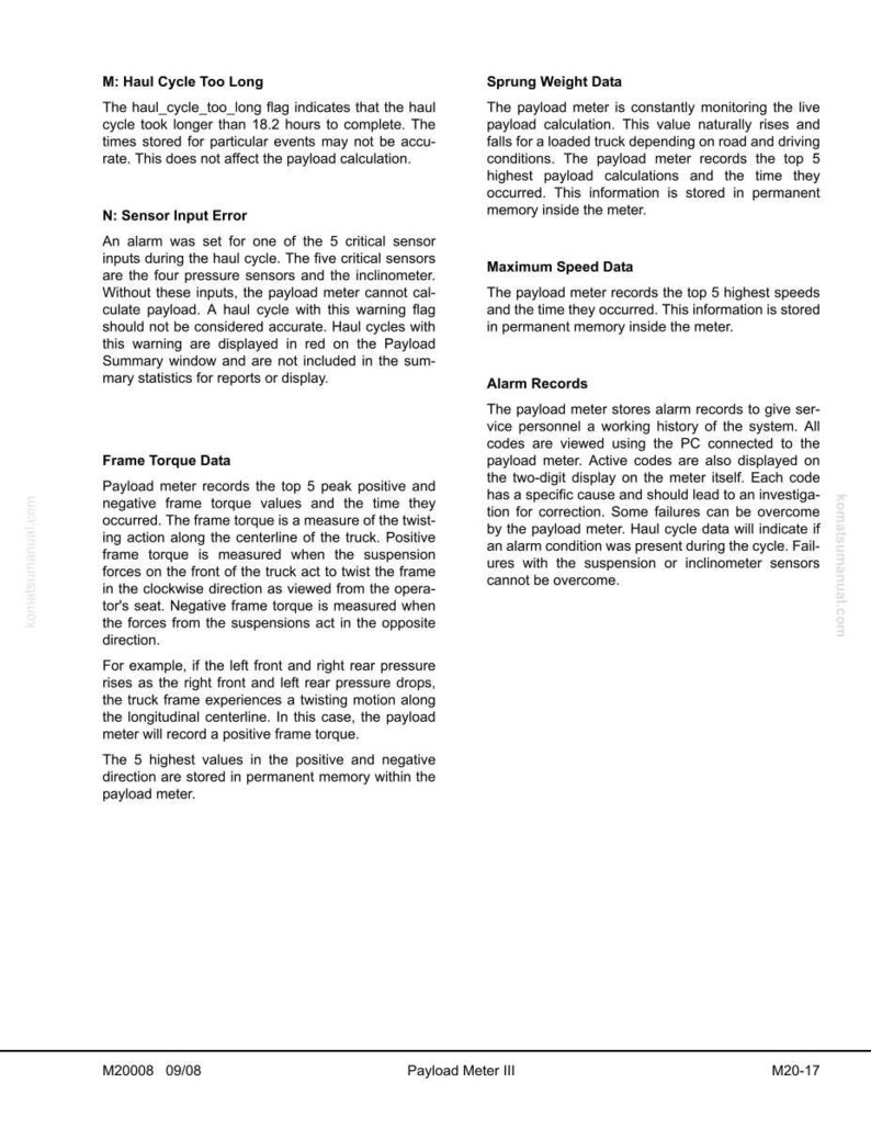 May include: A white document with black text detailing the functions of a payload meter. Sections include haul cycle, sensor input, frame torque, sprung weight, maximum speed, and alarm records. The document is labeled Payload Meter III.