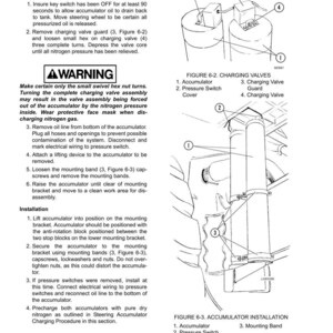May include: Diagram of accumulator removal and installation procedures. Includes illustrations of charging valves and accumulator installation, with labels and numbered steps. Text includes warnings and instructions for maintenance.