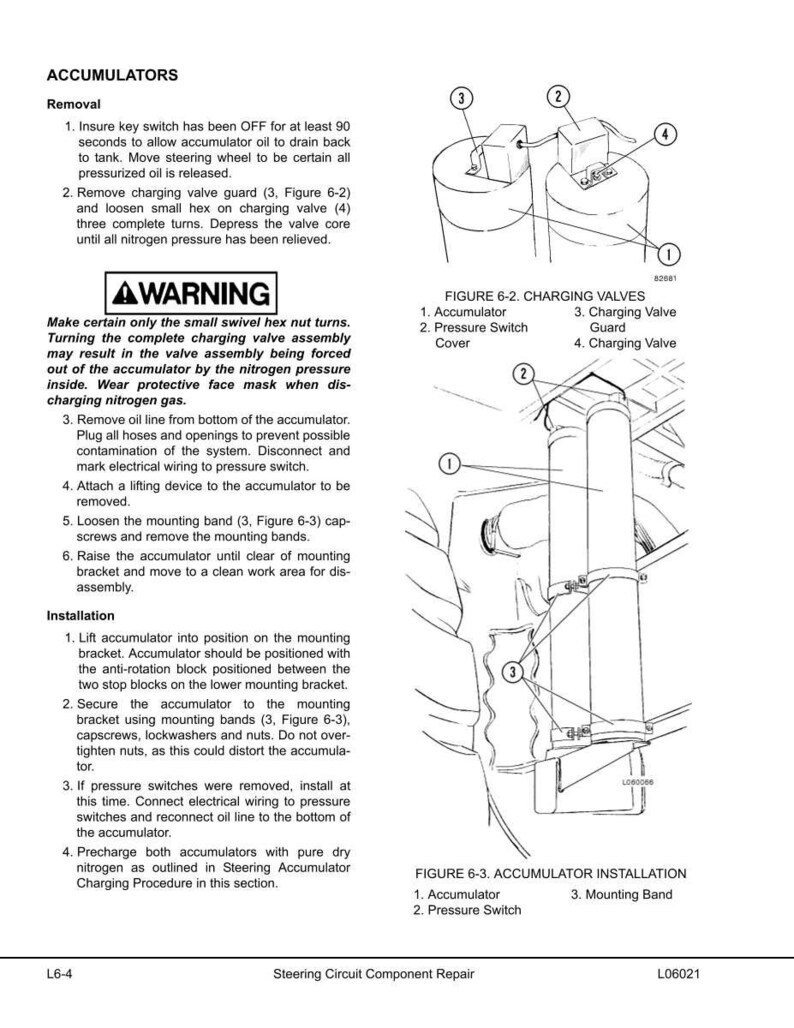May include: Diagram of accumulator removal and installation procedures. Includes illustrations of charging valves and accumulator installation, with labels and numbered steps. Text includes warnings and instructions for maintenance.
