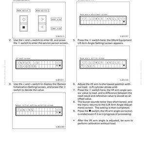 May include: A technical diagram from a machine monitor manual, detailing lift arm angle adjustment. The image includes instructions, diagrams, and screen displays for setting and calibrating the angle. Text includes "STRUCTURE AND FUNCTION" and "MACHINE MONITOR".