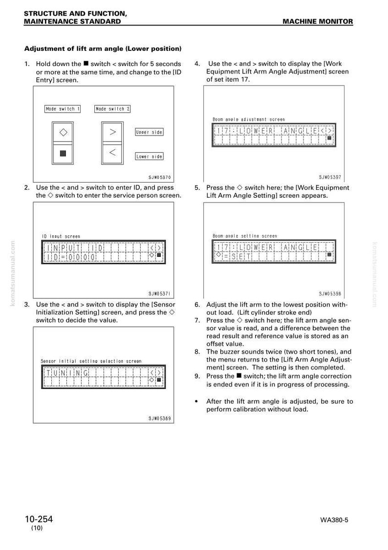 May include: A technical diagram from a machine monitor manual, detailing lift arm angle adjustment. The image includes instructions, diagrams, and screen displays for setting and calibrating the angle. Text includes "STRUCTURE AND FUNCTION" and "MACHINE MONITOR".