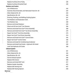 May include: A page from a manual with a table of contents, listing automotive repair procedures. The text includes topics like "Belt Tensioner Location," "Radiator and Coolers," and "Exhaust System," with corresponding page numbers.