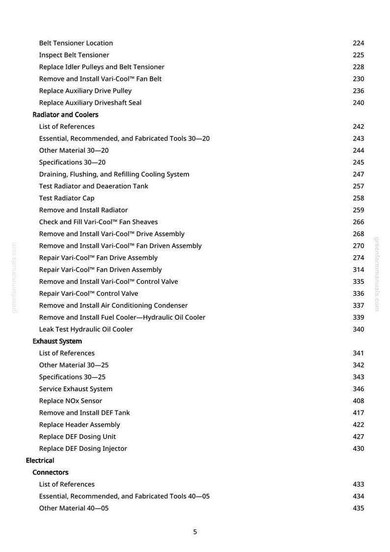 May include: A page from a manual with a table of contents, listing automotive repair procedures. The text includes topics like "Belt Tensioner Location," "Radiator and Coolers," and "Exhaust System," with corresponding page numbers.