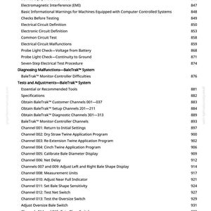 K&ouml;nnte beinhalten: Ein detailliertes Inhaltsverzeichnis eines Handbuchs, das verschiedene elektrische Tests, Kontrollen und Diagnoseverfahren auflistet. Themen sind elektrische Schaltkreisdefinitionen, Fehlfunktionen und Einstellungen f&uuml;r Landmaschinen.