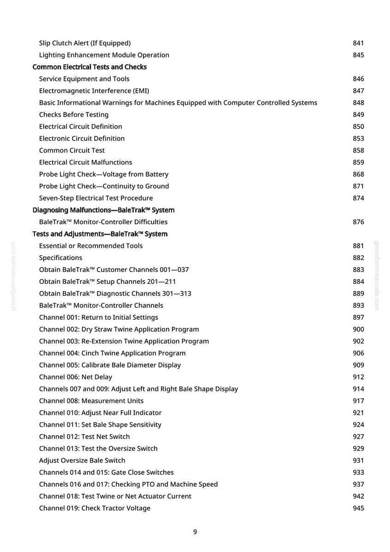 K&ouml;nnte beinhalten: Ein detailliertes Inhaltsverzeichnis eines Handbuchs, das verschiedene elektrische Tests, Kontrollen und Diagnoseverfahren auflistet. Themen sind elektrische Schaltkreisdefinitionen, Fehlfunktionen und Einstellungen f&uuml;r Landmaschinen.