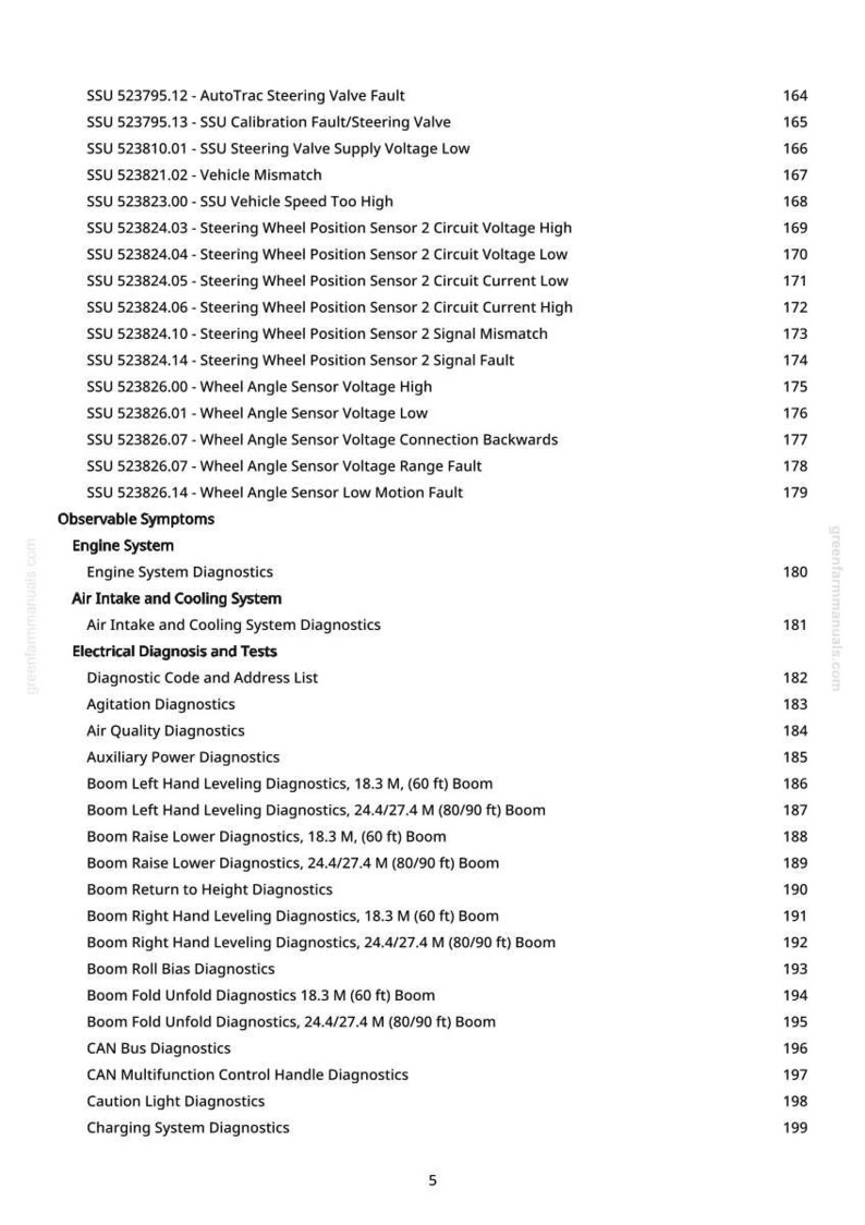 May include: A page from a manual with a list of diagnostic codes and system diagnostics, including engine, air intake, and electrical tests. The text includes measurements in feet.
