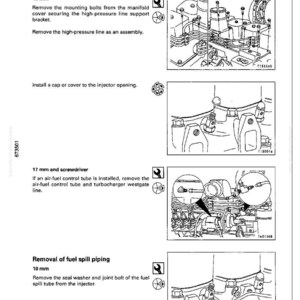 May include: Diagram of engine disassembly instructions. Text includes steps for removing bolts, lines, and tubes. Illustrations show specific areas and tools needed, such as a 10 mm wrench and a screwdriver.