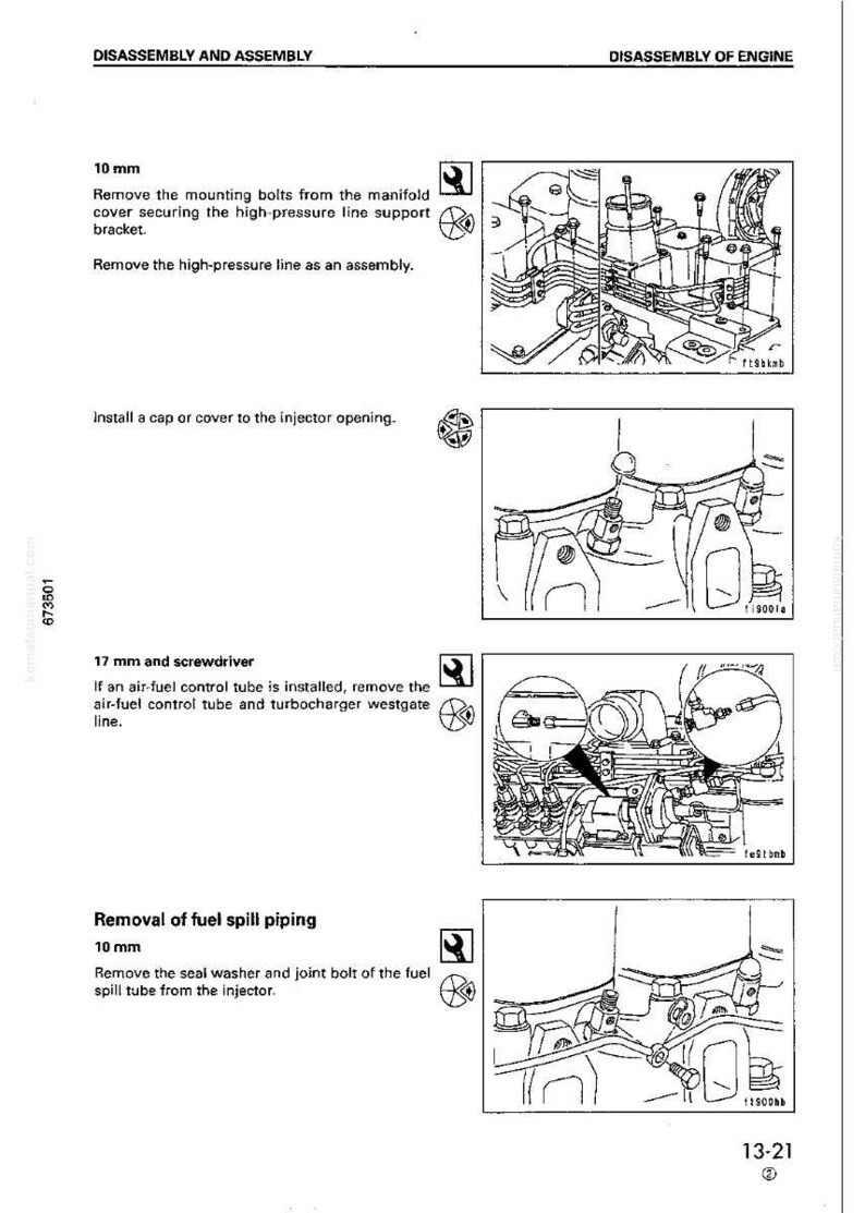 May include: Diagram of engine disassembly instructions. Text includes steps for removing bolts, lines, and tubes. Illustrations show specific areas and tools needed, such as a 10 mm wrench and a screwdriver.