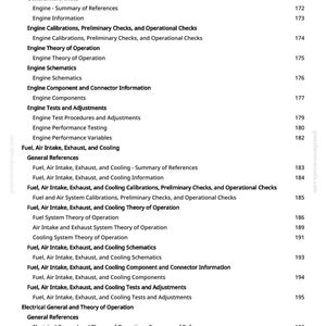 May include: A page from a manual with a table of contents. The topics include engine components, fuel, air intake, exhaust, cooling, and electrical systems. The page number is 5.