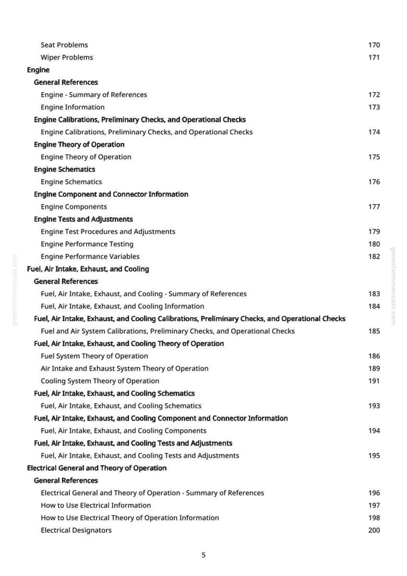 May include: A page from a manual with a table of contents. The topics include engine components, fuel, air intake, exhaust, cooling, and electrical systems. The page number is 5.