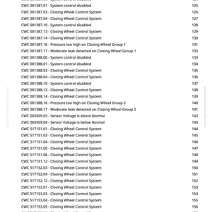 May include: A white page detailing diagnostic trouble codes for a Closing Wheel Controller (CWC) system. The list includes codes with descriptions such as "Air Supply System" and "System control disabled."