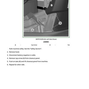 May include: Diagram showing the removal of closeout panels. The image includes a detailed view of the panel with labels A and B, and a list of instructions. Text includes "Remove Closeout Panels" and "MXT015539-UN: Left Side Shown."