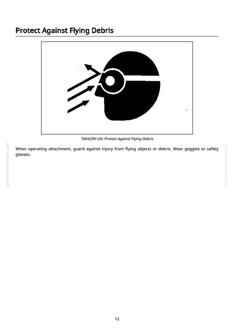 Puede incluir: Gr&aacute;fico en blanco y negro que muestra una cabeza con un ojo y tres flechas que apuntan hacia ella. El texto &laquo;Protect Against Flying Debris&raquo; est&aacute; en la parte superior de la imagen.