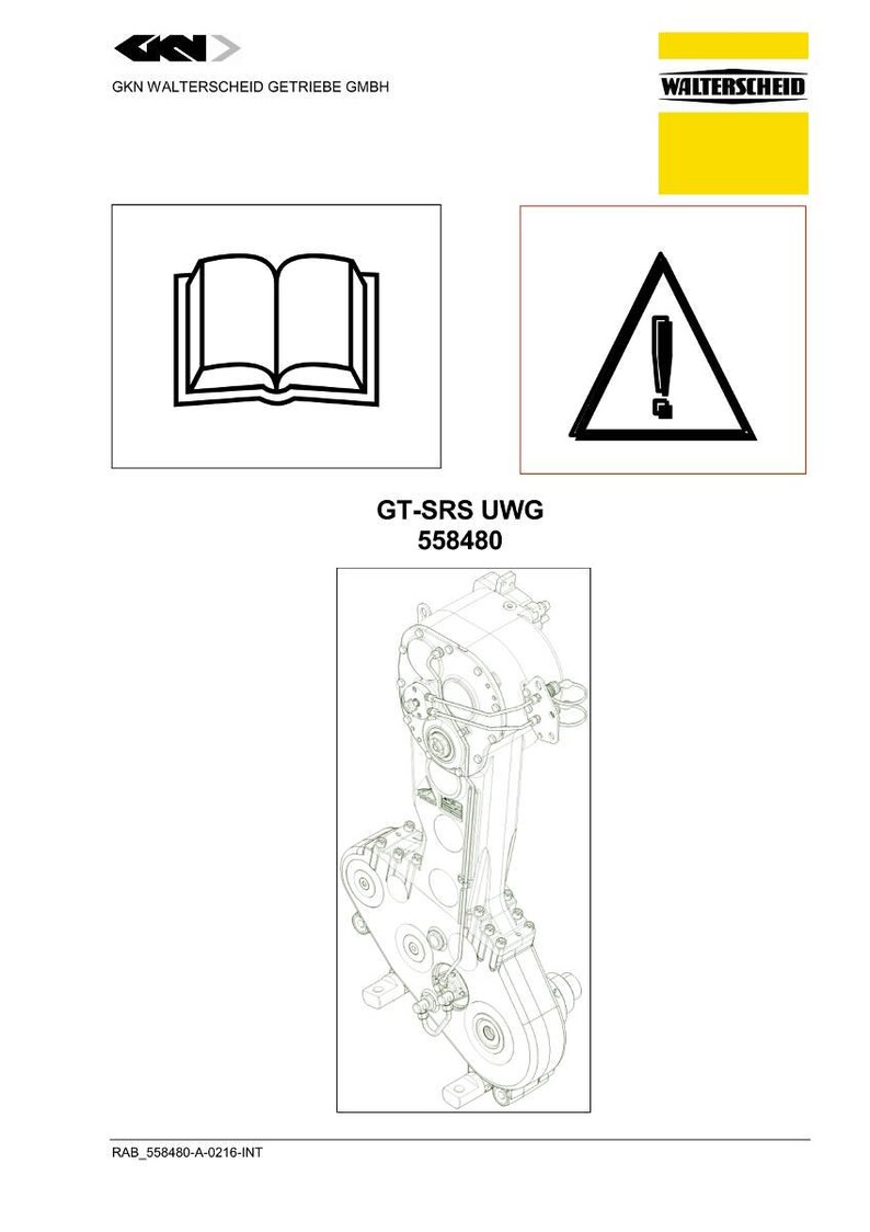 Op de afbeelding: Technische tekening van een mechanisch onderdeel, gelabeld GT-SRS UWG 558480, met een gedetailleerde lijntekening. De afbeelding bevat waarschuwingssymbolen en het logo GKN Walterscheid Getriebe GmbH.