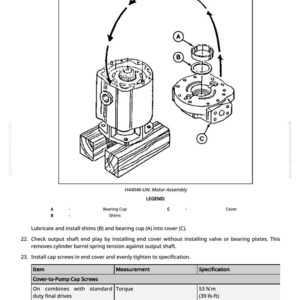 Peut inclure: Sch&eacute;ma d'un ensemble moteur avec des composants &eacute;tiquet&eacute;s, dont une coupelle de palier, des cales et un couvercle. L'image comprend des fl&egrave;ches indiquant les &eacute;tapes d'assemblage et un tableau avec les sp&eacute;cifications de couple en N'm et lb-ft.