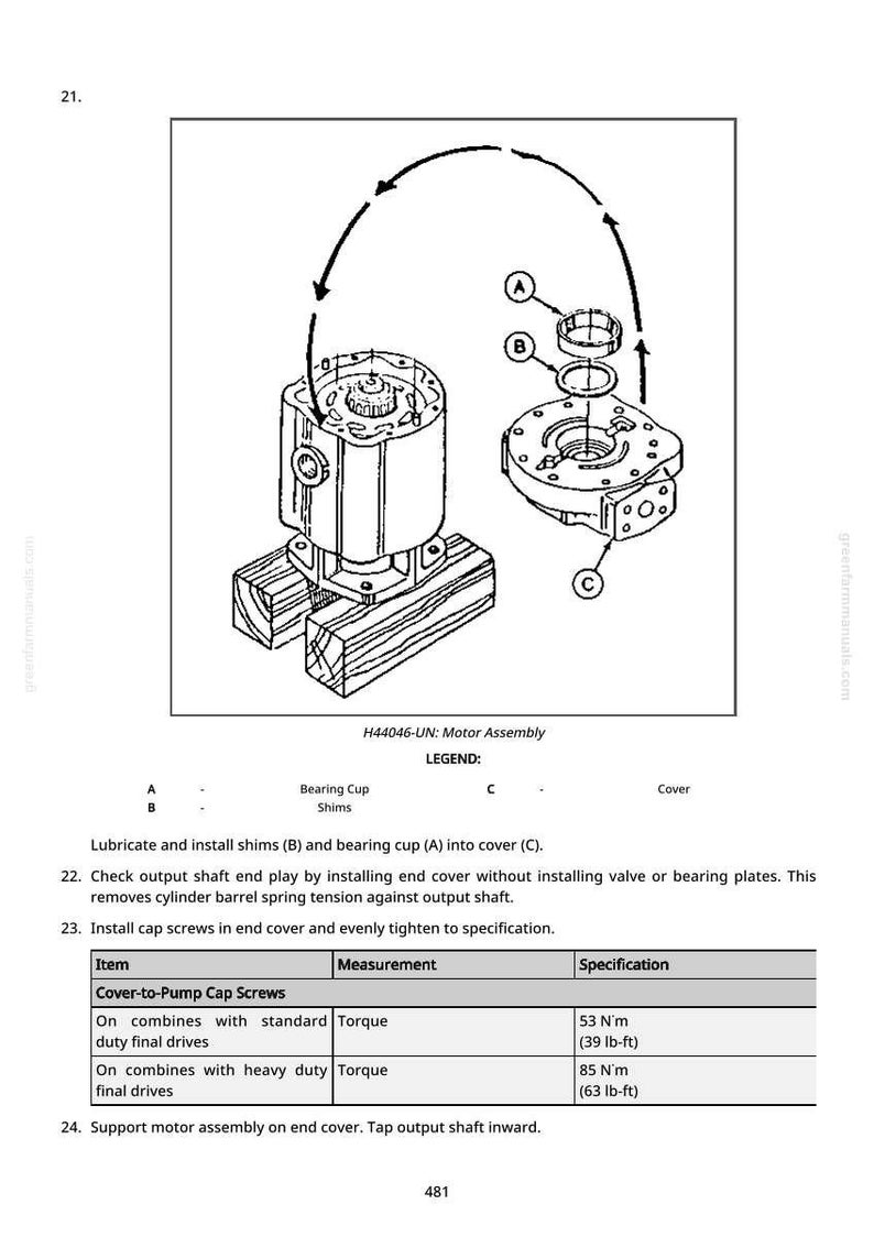 Peut inclure: Sch&eacute;ma d'un ensemble moteur avec des composants &eacute;tiquet&eacute;s, dont une coupelle de palier, des cales et un couvercle. L'image comprend des fl&egrave;ches indiquant les &eacute;tapes d'assemblage et un tableau avec les sp&eacute;cifications de couple en N'm et lb-ft.