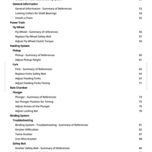 May include: A white-background page from a manual with a table of contents. The text includes terms like "Gear Oil," "Fly-Wheel," "Plunger," and "Knotter Difficulties." Page numbers are listed on the right.