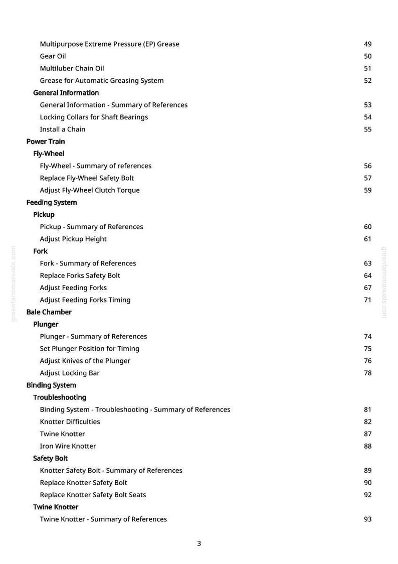 May include: A white-background page from a manual with a table of contents. The text includes terms like "Gear Oil," "Fly-Wheel," "Plunger," and "Knotter Difficulties." Page numbers are listed on the right.