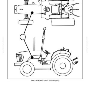 May include: Line drawing of a tractor, shown from the side and top-down views. The side view shows the tractor's wheels, cab, and exhaust. The top-down view shows the tractor's steering wheel and seat. Text at the bottom reads "PY36221-UN: B02 Location Overview (OOS)".