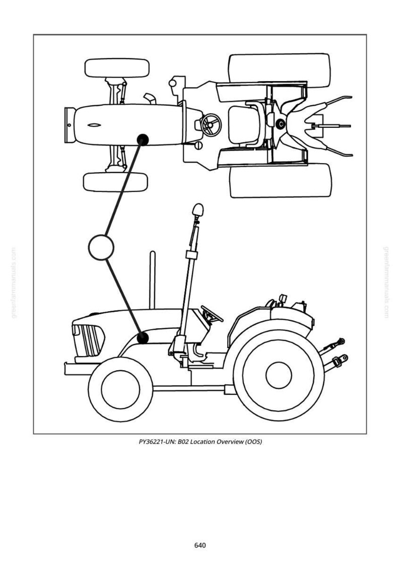 May include: Line drawing of a tractor, shown from the side and top-down views. The side view shows the tractor's wheels, cab, and exhaust. The top-down view shows the tractor's steering wheel and seat. Text at the bottom reads "PY36221-UN: B02 Location Overview (OOS)".