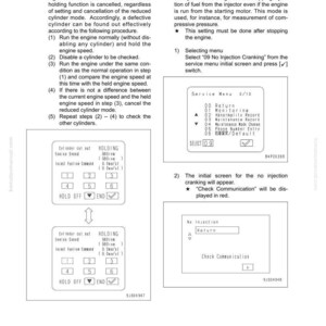 May include: A technical diagram from a manual, detailing engine testing and adjustment procedures. Includes text, diagrams, and a service menu with options like 'No Injection Cranking'. The page number is 34.