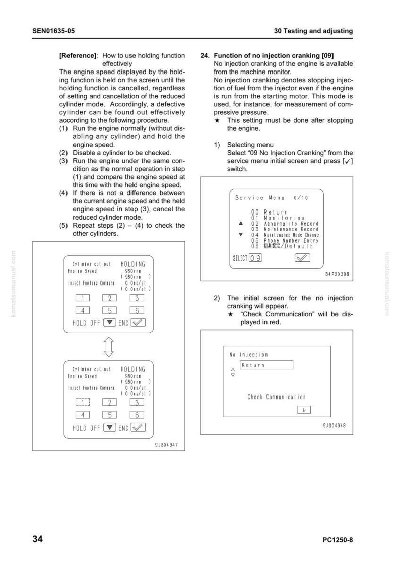 May include: A technical diagram from a manual, detailing engine testing and adjustment procedures. Includes text, diagrams, and a service menu with options like 'No Injection Cranking'. The page number is 34.