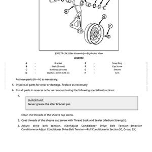 May include: An exploded view diagram of an idler assembly, labeled E91378-UN. The diagram includes parts labeled A through H, with a legend defining each component, such as bracket, seals, bushings, and a washer (0.16 in).
