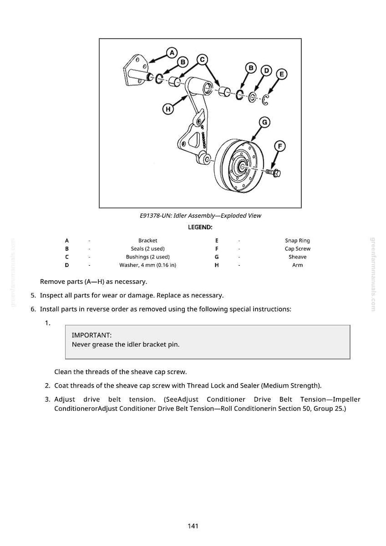 May include: An exploded view diagram of an idler assembly, labeled E91378-UN. The diagram includes parts labeled A through H, with a legend defining each component, such as bracket, seals, bushings, and a washer (0.16 in).