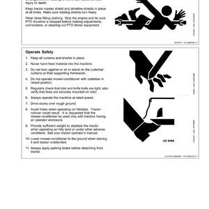Op de afbeelding: Een pagina van de veiligheidshandleiding met zwart-wit illustraties en tekst. De pagina is verdeeld in twee secties: "Stay Clear of Rotating Drivelines" en "Operate Safely". De illustraties tonen veiligheidsmaatregelen voor machinebediening.