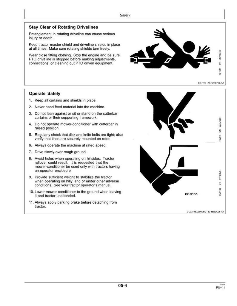 Op de afbeelding: Een pagina van de veiligheidshandleiding met zwart-wit illustraties en tekst. De pagina is verdeeld in twee secties: "Stay Clear of Rotating Drivelines" en "Operate Safely". De illustraties tonen veiligheidsmaatregelen voor machinebediening.