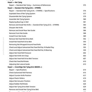 May include: A white page from a manual detailing net tying system repair procedures. The text includes headings such as "Scraper of Roll", "Net Tying", and "Twine Tying". The page number "11" is displayed at the bottom.