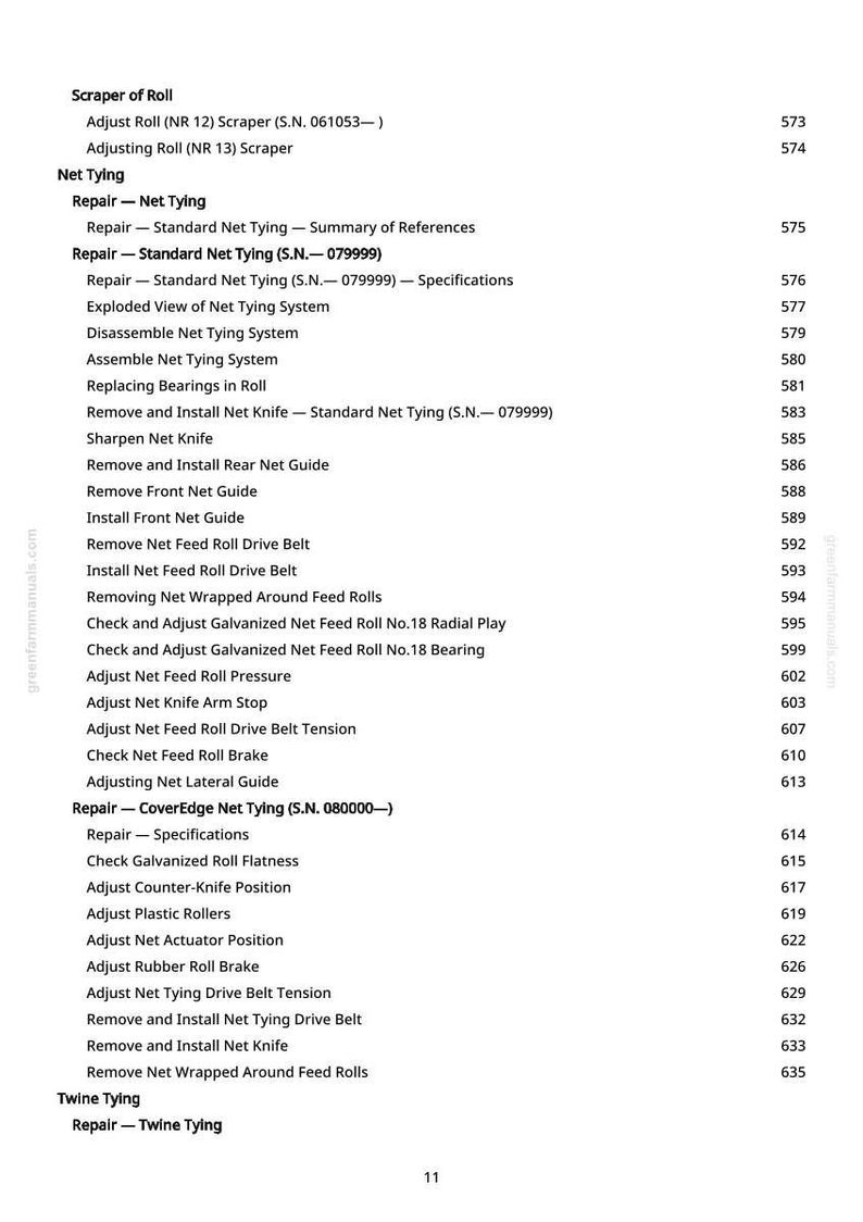May include: A white page from a manual detailing net tying system repair procedures. The text includes headings such as "Scraper of Roll", "Net Tying", and "Twine Tying". The page number "11" is displayed at the bottom.