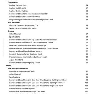 May include: A detailed table of contents from a manual, listing various components and procedures for agricultural machinery repair. Includes sections on electrical components, wire harnesses, sensors, and drives. The text is black on a white background.